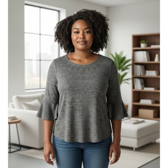 APT 9 Women's Plus Size XXL Gray Bell Sleeve Sweater Beaded Neckline Boho Hippie - Picture 1 of 12